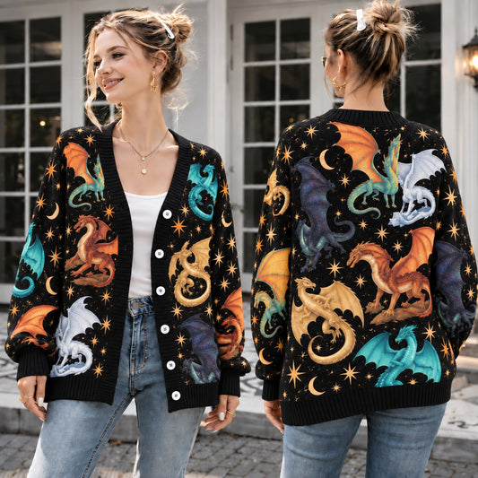 Wings of Fire Cardigan - All Seven Dragon Tribes on Starry Night Knit Sweater - view 1