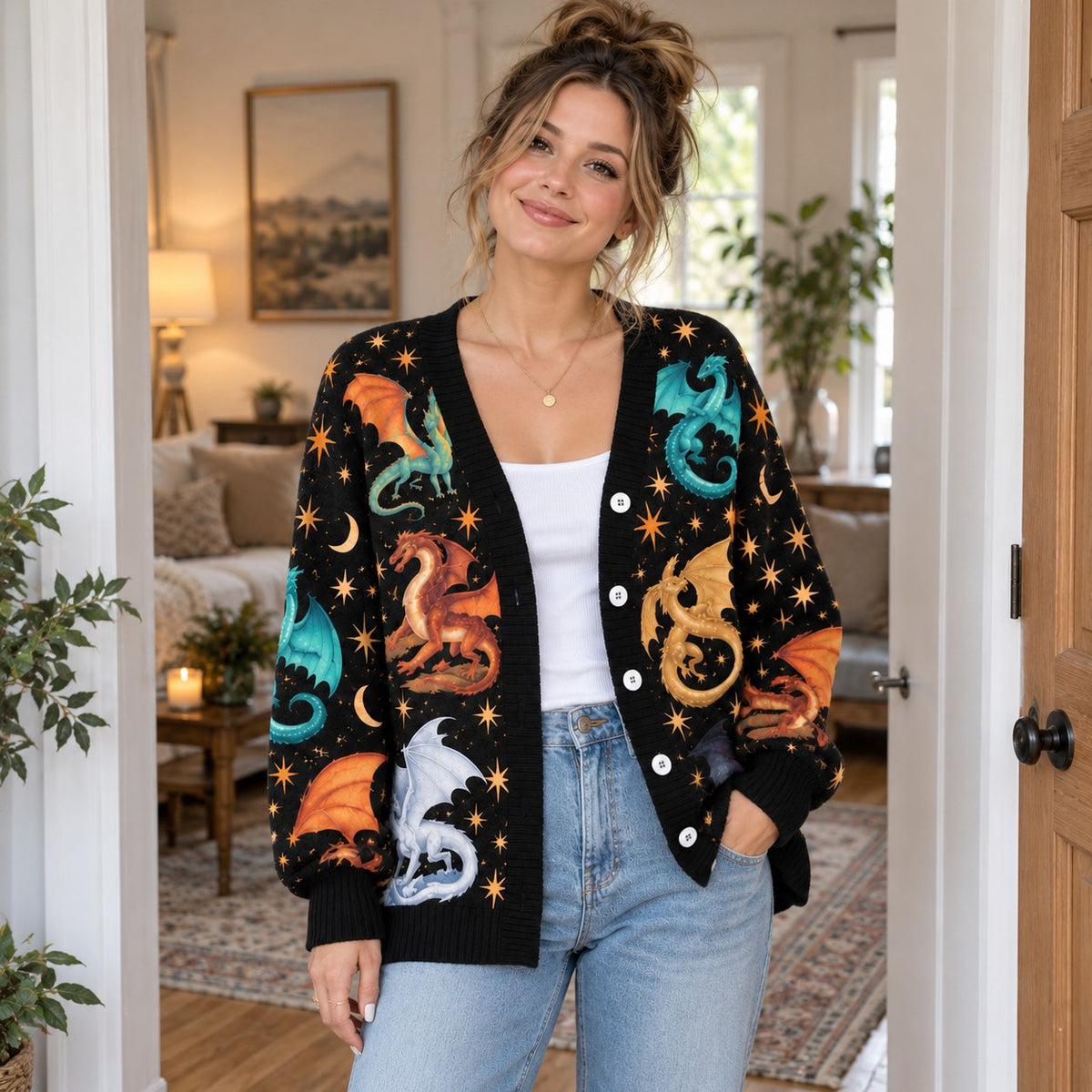 Wings of Fire Cardigan - All Seven Dragon Tribes on Starry Night Knit Sweater - view 3