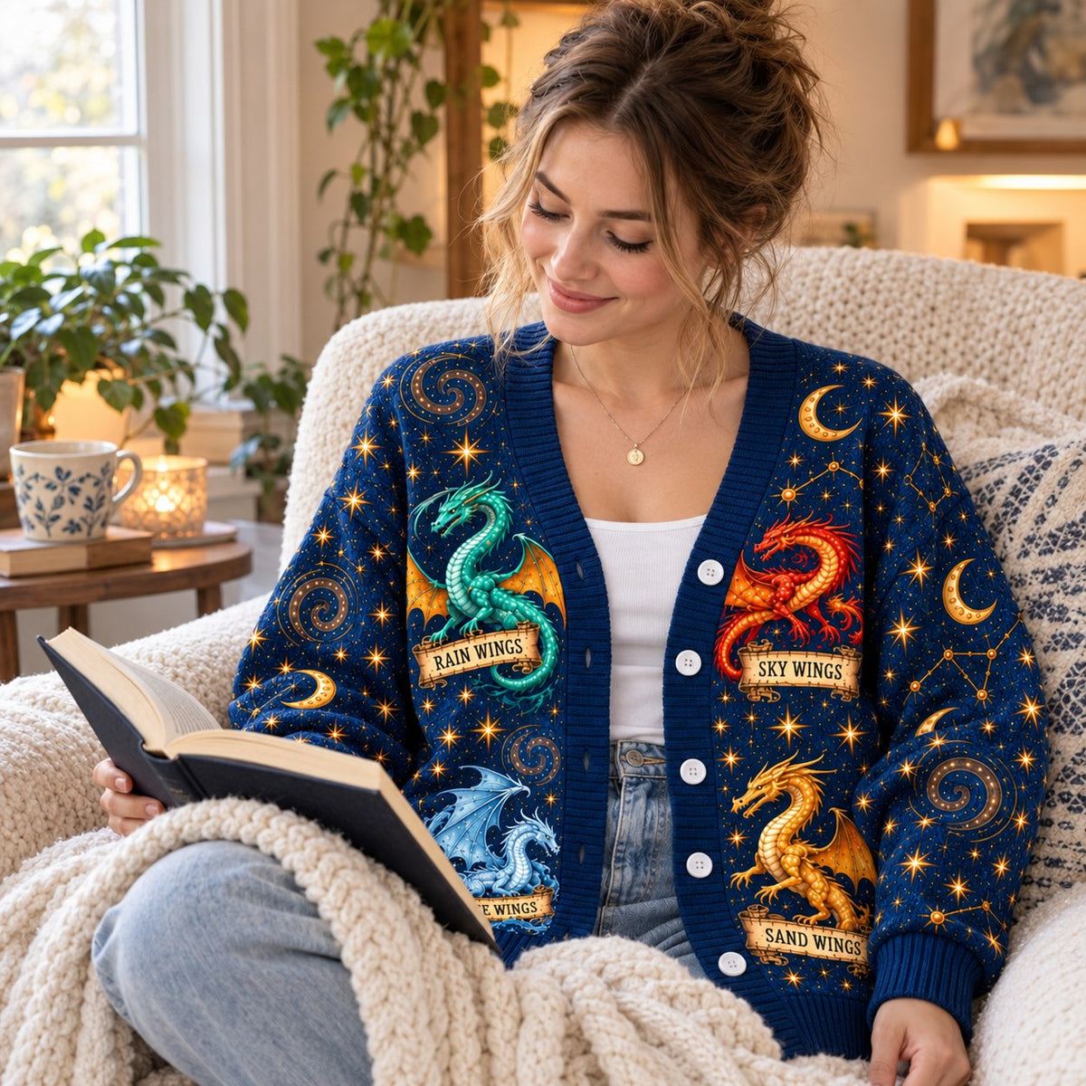 Wings of Fire Cardigan - Constellation Dragons Navy Knit Sweater - view 3
