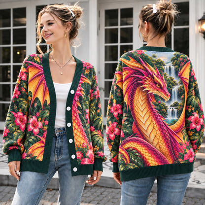 Wings of Fire RainWing Cardigan - Tropical Jungle Waterfall Dragon Knit Sweater - view 1
