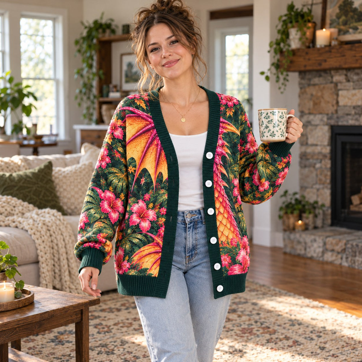 Wings of Fire RainWing Cardigan - Tropical Jungle Waterfall Dragon Knit Sweater - view 3