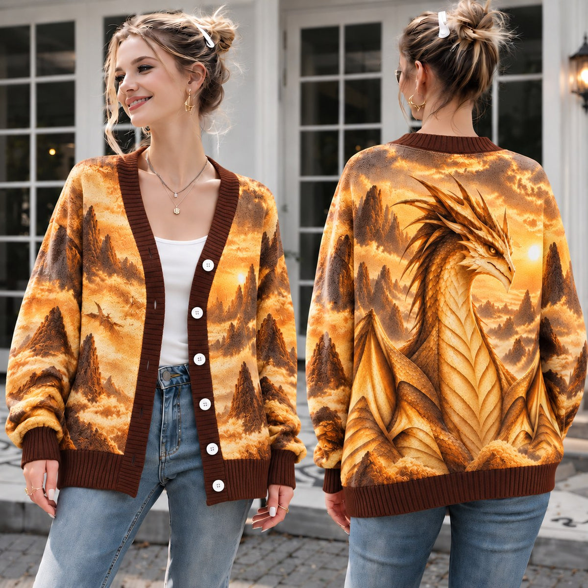 Wings of Fire SandWing Cardigan - Golden Desert Sunset Dragon Knit Sweater - view 1